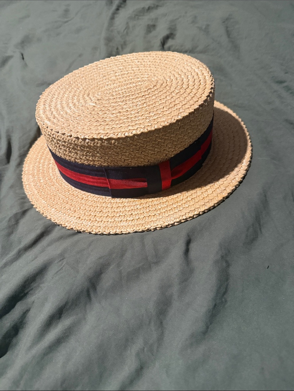 Straw Boater Hat with Red and Black Band - Picture 2 of 4